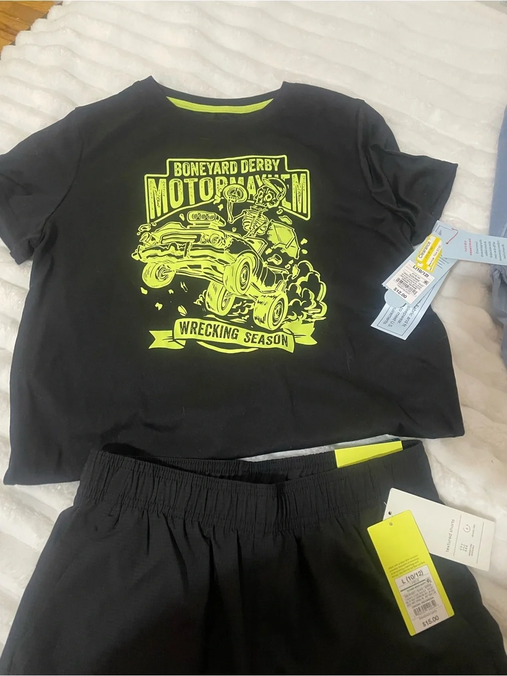 Set of Kids Tops & Shorts - Black Graphic Tee, Blue Tee, Black & Khaki Shorts